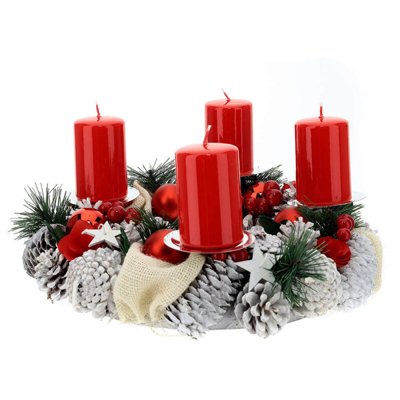 kit adviento corona navidena nevada bayas rojas puntas blancas velas rojas