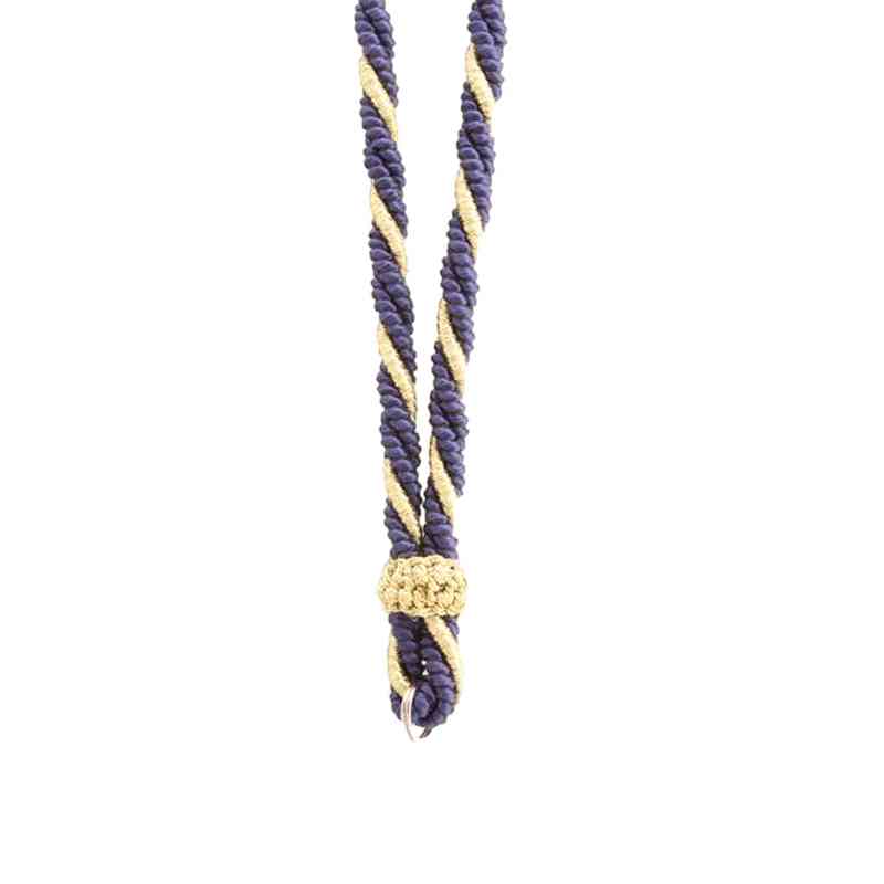 Fotografía de un cordón trenzado de tres cabos para medalla con dos azul marino y uno oro.